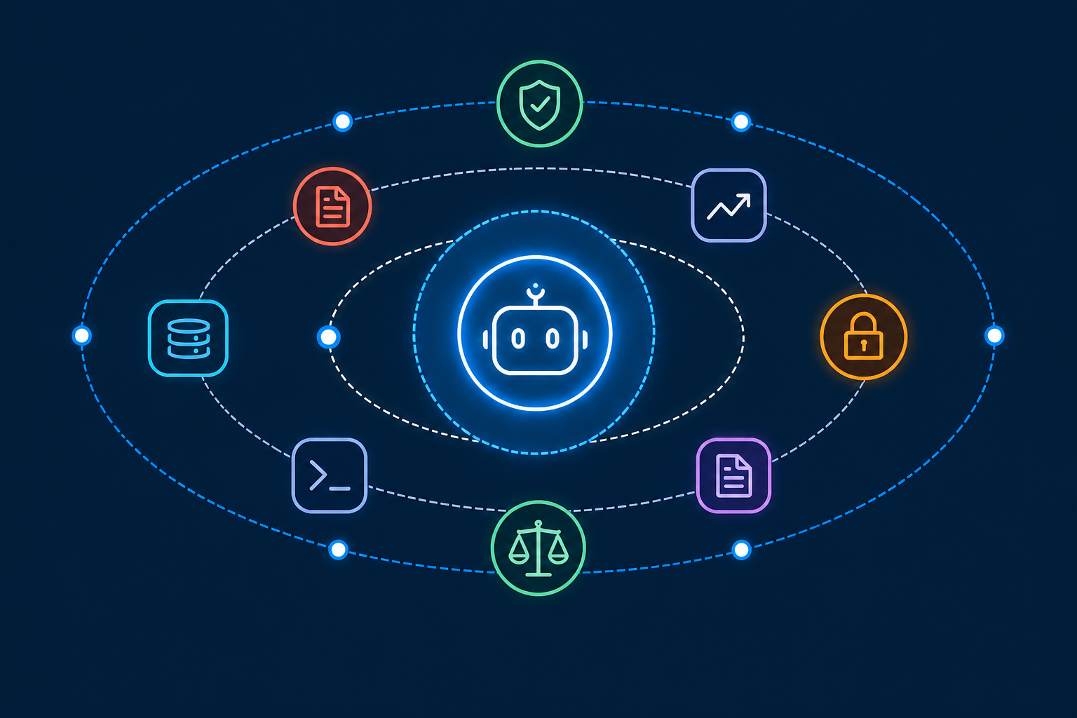 An AI agent surrounded by policy, data, security, audit, and operational controls.