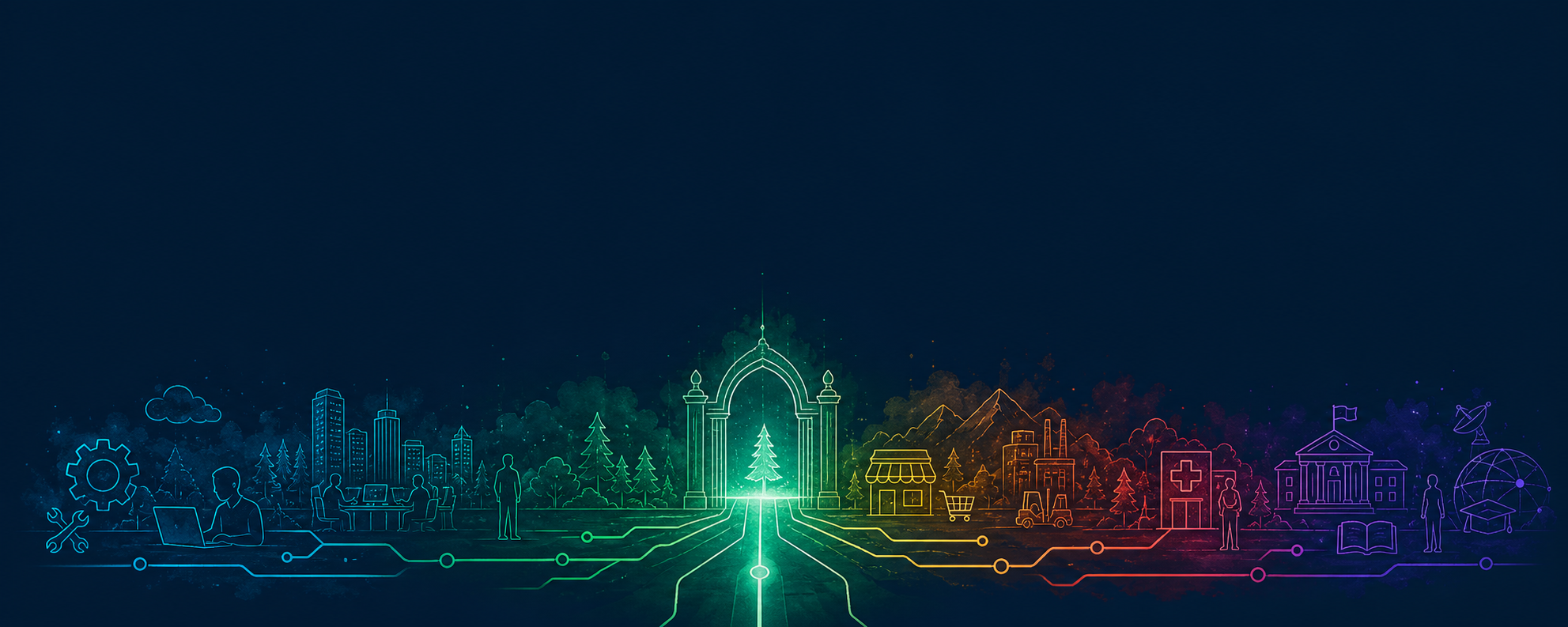 A luminous Cedarling policy boundary connecting developer, workplace, commerce, healthcare, education, and platform domains.