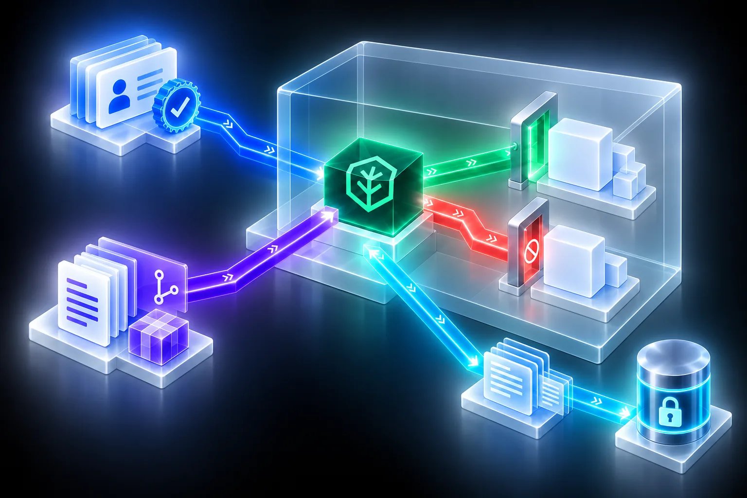 A Cedarling policy decision point inside an application receives signed token evidence and a versioned policy store from external systems. It returns allow or deny to the application's protected operation and sends logs to a centralized store.