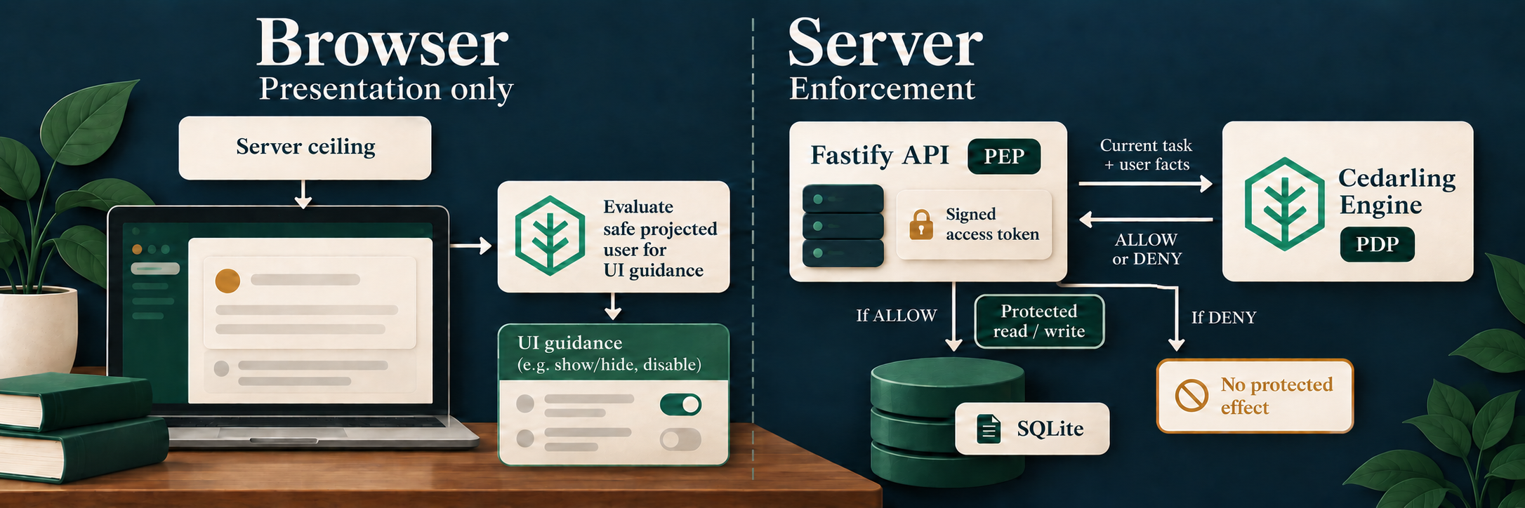 Browser Cedarling guides controls using a safe user projection; the Fastify API enforces a fresh Cedarling decision before a protected database effect.