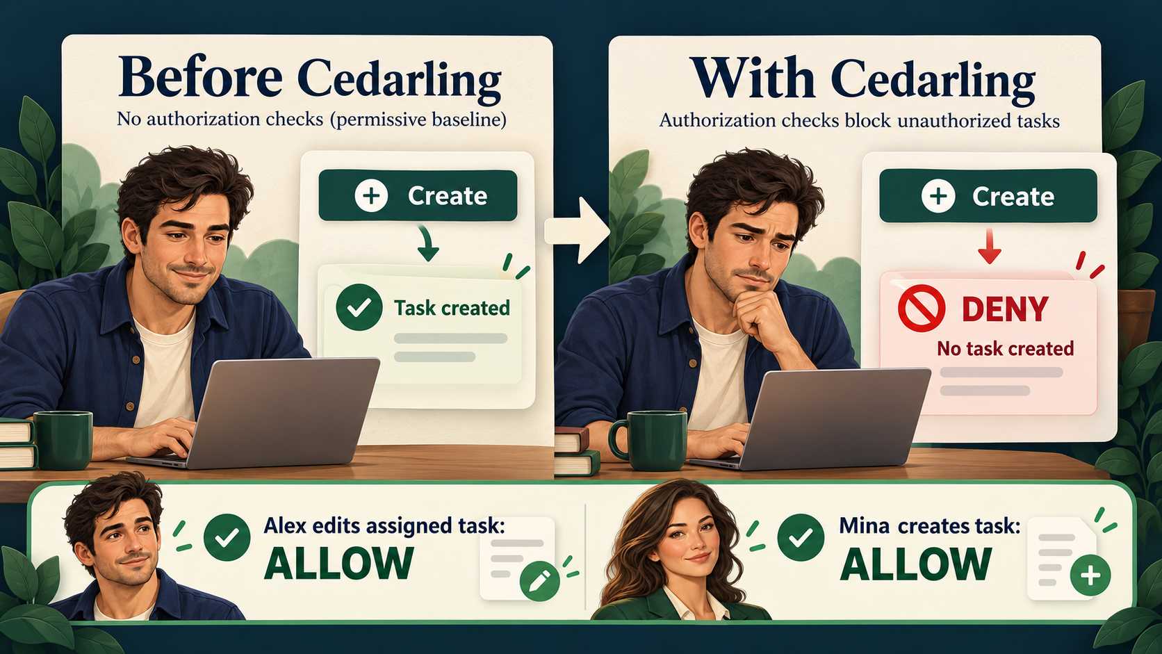 Alex's creation succeeds in the starting application and is denied after Cedarling integration; his assigned-task edit and Mina's creation remain allowed.