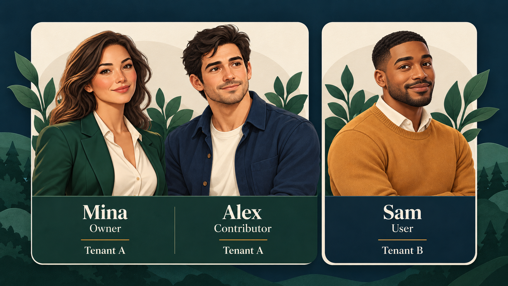 Mina and Alex belong to Tenant A; Sam belongs to Tenant B. Their roles are owner, contributor, and user.