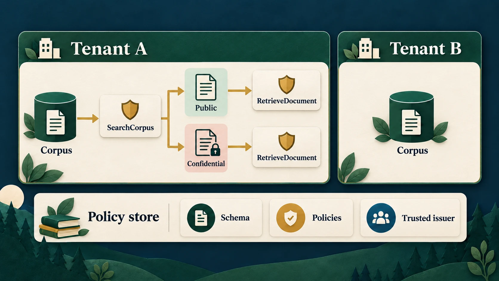 Tenant A and Tenant B evidence are separated by corpus and document decisions defined in the policy store.