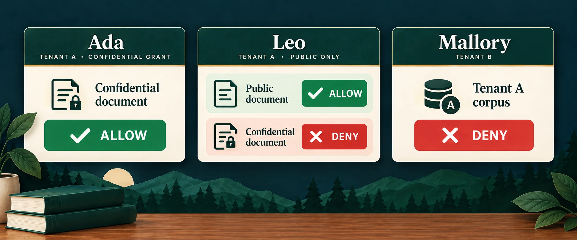 Ada may read confidential Tenant A evidence; Leo may read its public evidence but not confidential evidence; Mallory cannot search Tenant A.