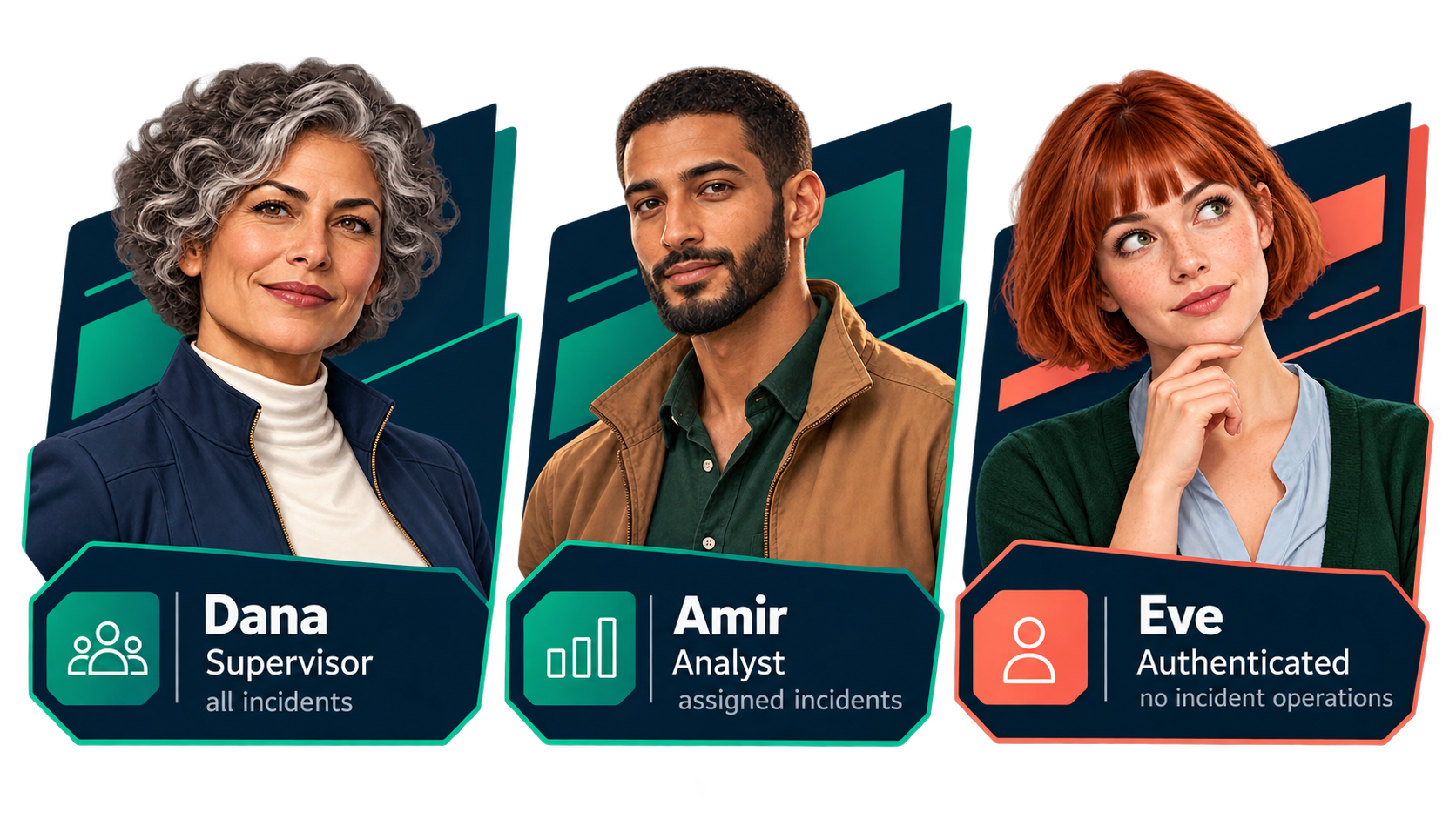 Dana supervises every incident, Amir works on assigned incidents, and Eve has no incident-operation authority.