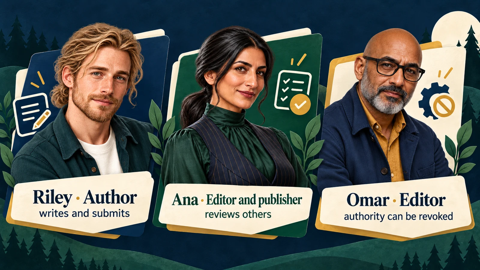 Riley writes articles, Ana reviews and publishes, and Omar's editorial authority can be revoked.