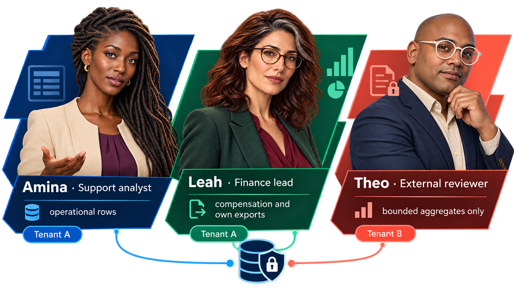 Amina uses operational rows, Leah handles finance data and her own exports, and Theo receives bounded aggregates only.
